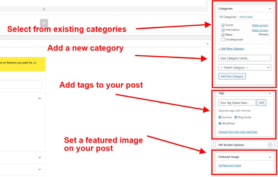 Adding categories, tags and a featured image to a post