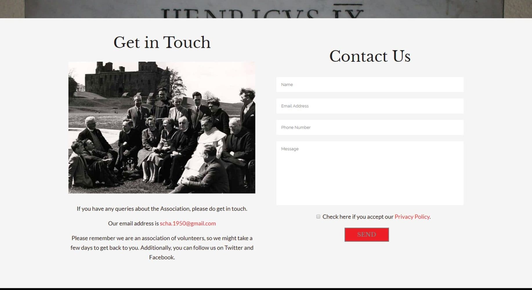 Scottish Catholic Historical Association Website Design Contact Form