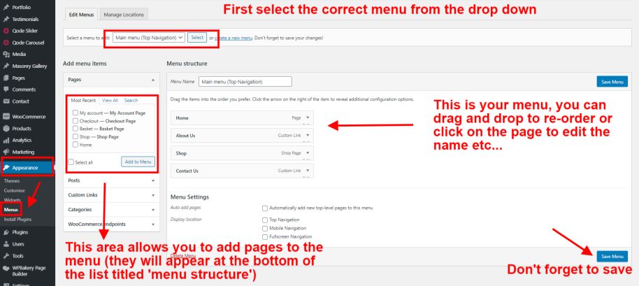 WordPress Admin Area User Guide 52 Editing menus in WordPress